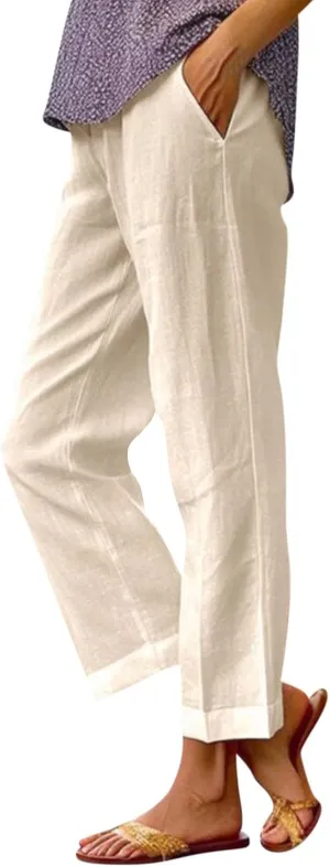 fanmpghleoo Women's Summer Casual Linen Pants Elastic Waist Loose Fit Straight Leg Crop Pants Beach Trousers with Pockets