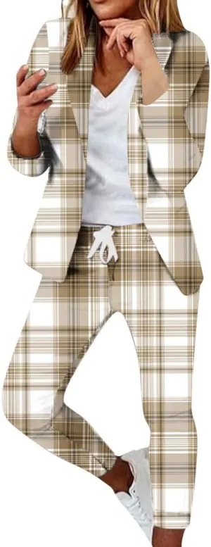 Women's Fall 2 Piece Blazer Outfits Business Casual Plaid Oversized Jacket Slim Taper Fit Work Pants Dressy Suit Set