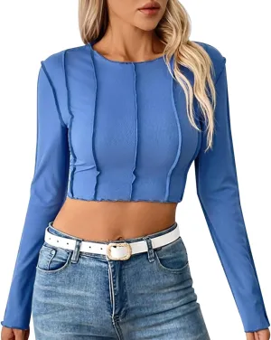 Women's Solid Color Slim Fit Short Crop Top with Exposed Seam Stitching Workout Loose Tops Women